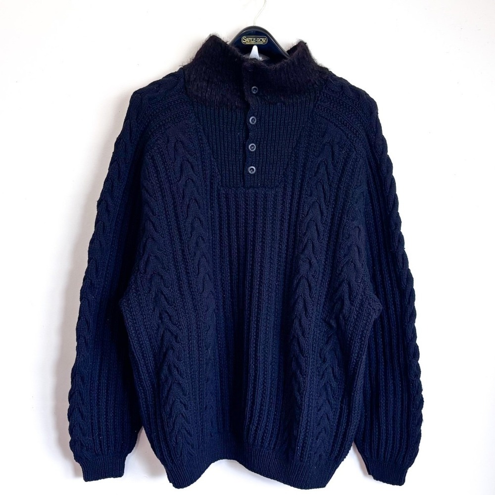 Vintage Mens Fisherman Cable Knit Sweater XL Black Mohair Chunky 80s 90s Luxury